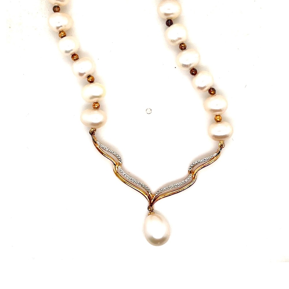 Pearl Diamond Necklace 18" Gold Vermeil 925 Sterling Silver 8mm Chevron Drop